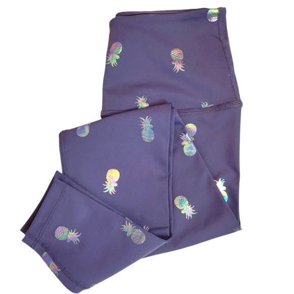 BEYOND YOGA NWOT XS PURPLE LEGGINGS WITH SILVER METALLIC PINEAPPLES - Picture 4 of 8